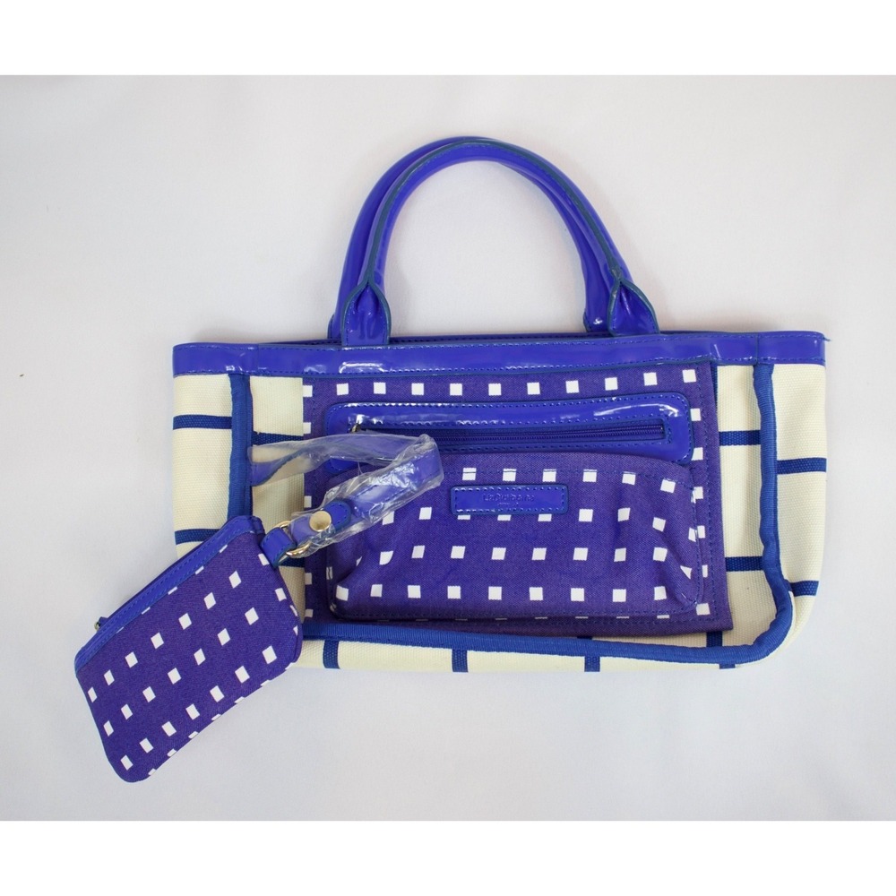 Vintage Liz Claiborne Patent Handbag and‎ Wristlet Blue & Beige Squares